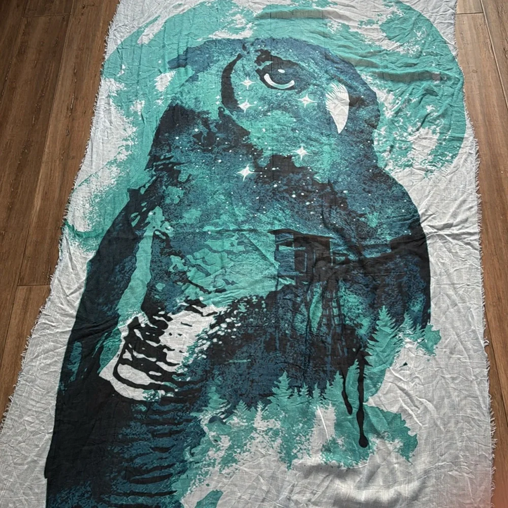 Blue pacific cashmere‎ and silk Owl Print Scarf in Teal light blue and Black